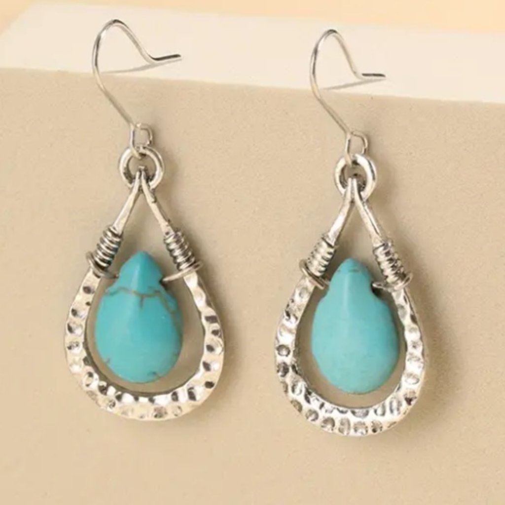 Bohemian Style Stimulated Turquoise Teardrop Gemstone Statement Earrings